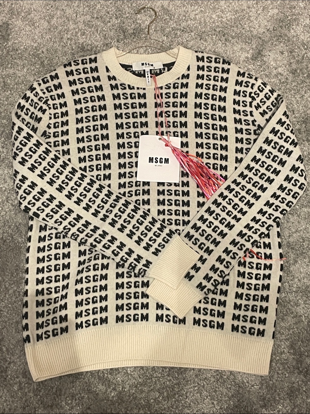 MSGM Cream and Black All-Over Logo Crewneck Sweater NWT